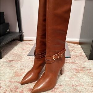 SCHUTZ Chestnut Brown Leather Over-the-Knee Pointed-Toe Heeled Boots